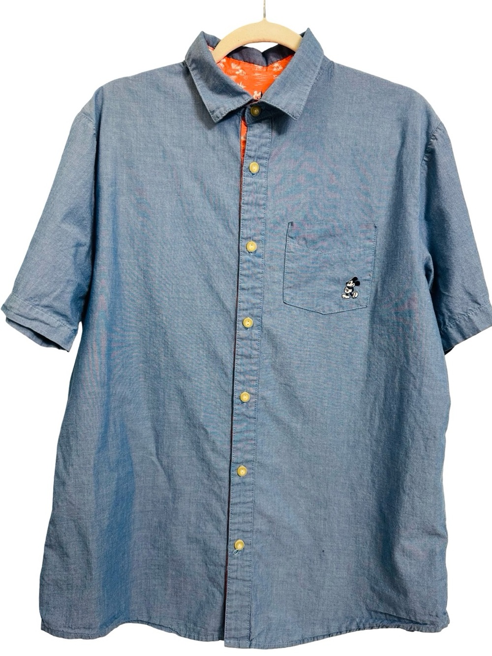 Disney Parks Mickey Mouse Chambray Short Sleeve Shirt Blue & Orange Medium